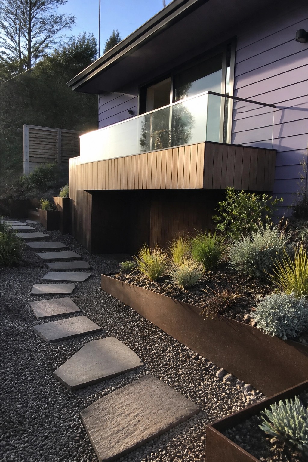 Modern house with purple horizontal lap siding, wooden balcony with glass railing, and gravel path leading past metal planters.