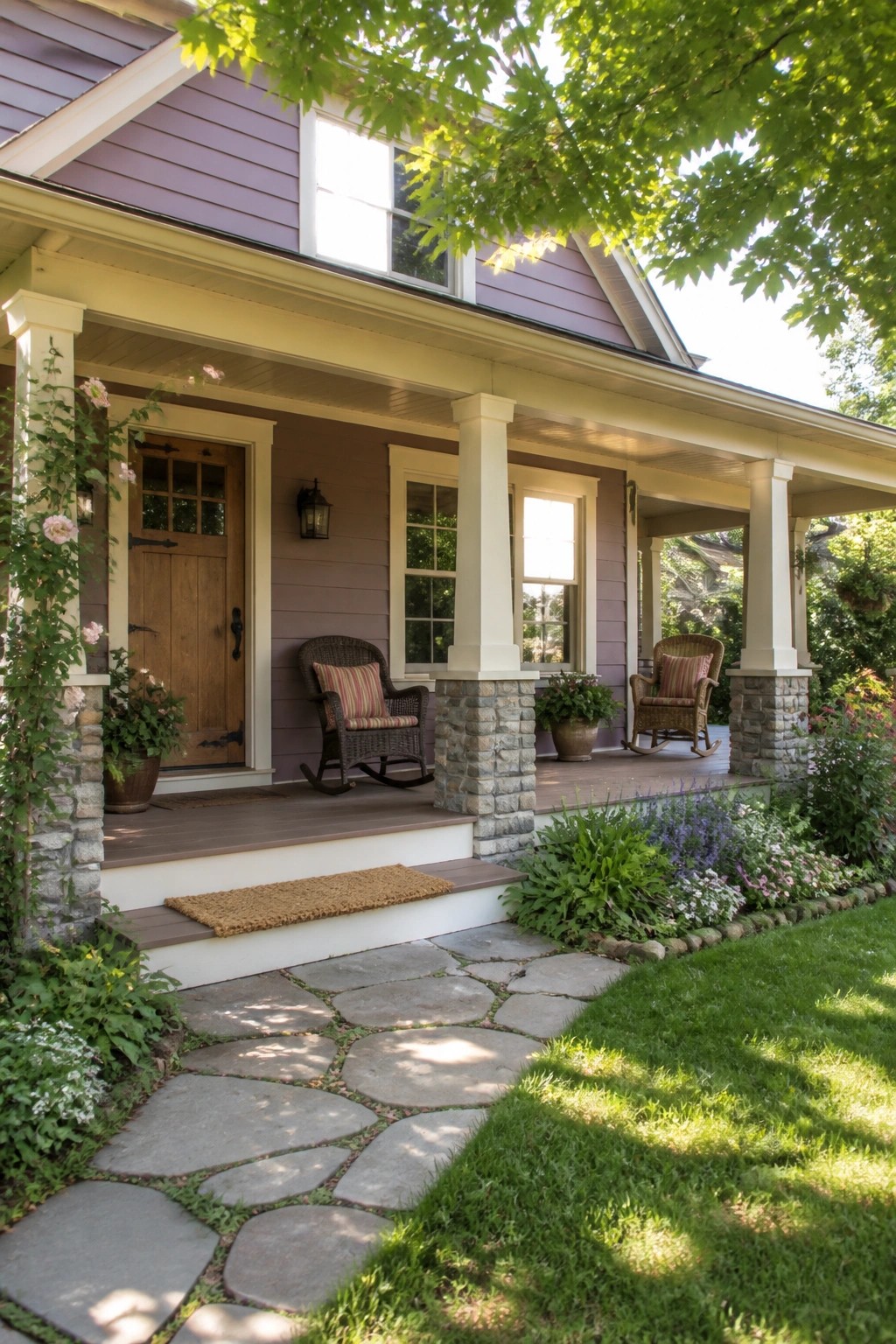 Purple house porch with wicker rockers, stone pathway, and lush flower garden.