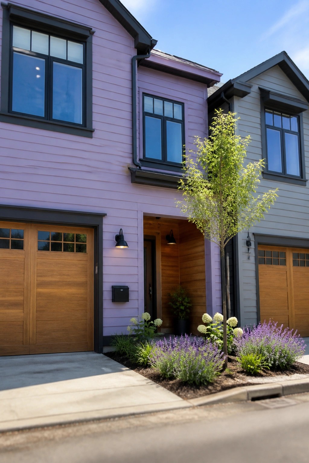 A two-story house with light purple horizontal lap siding, dark window trim, a wooden garage door, and a small front garden with purple flowers and a young tree.