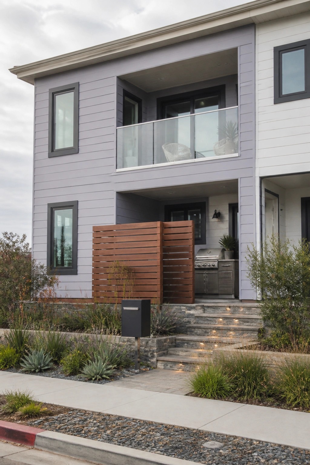 A two-story house with purple horizontal lap siding on the left and center sections, a glass-railed balcony, stone steps with recessed lights, and an outdoor kitchen beneath the overhang.