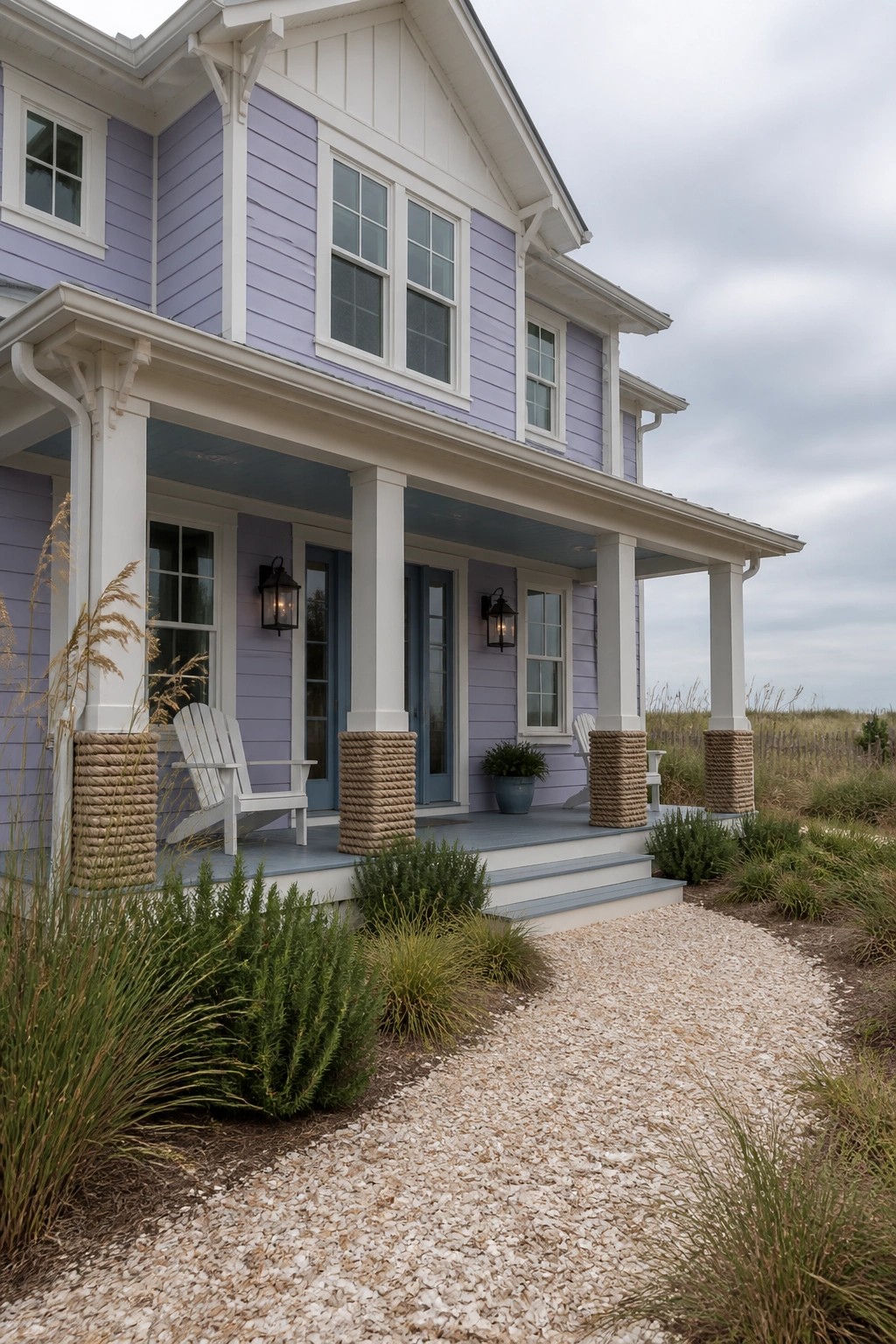 Lavender coastal house with rope-wrapped porch columns, Adirondack chairs, and shell path.