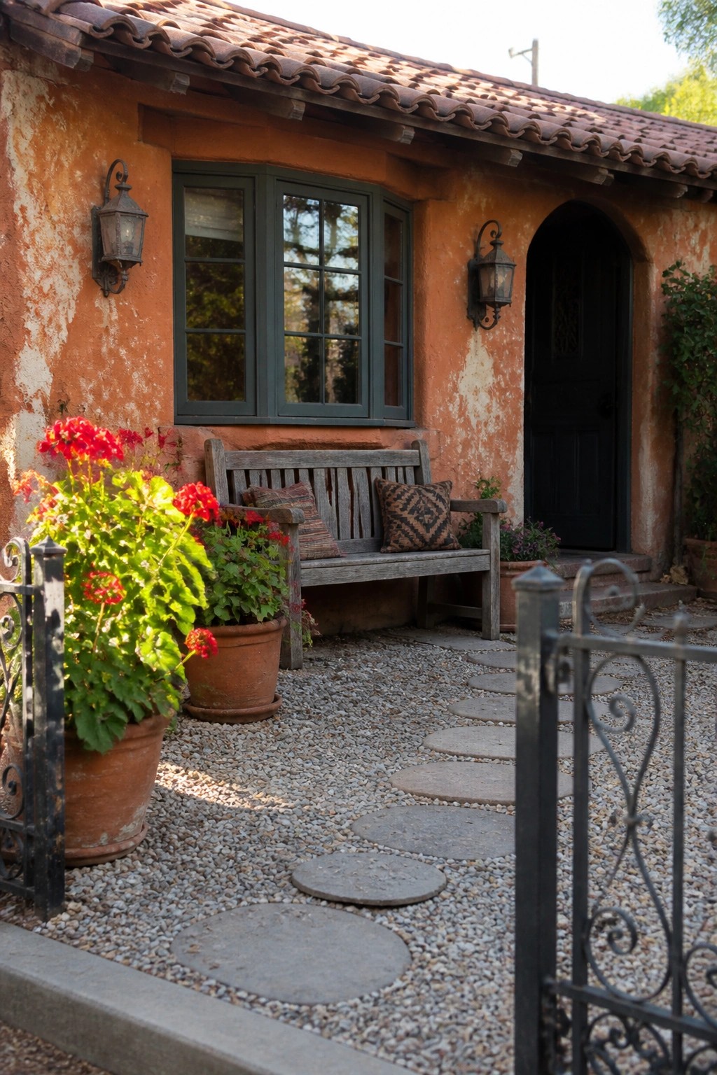 Rustic orange stucco cottage with wooden bench, red geraniums, and gravel path