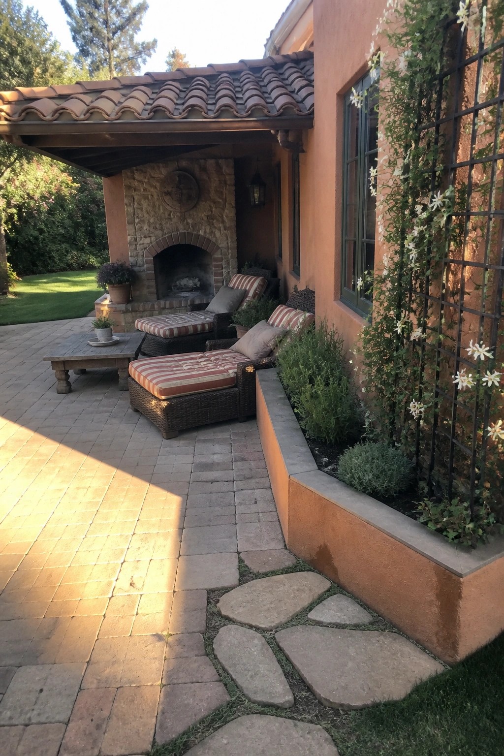 A patio area with striped cushioned lounge chairs and a stone fireplace built into an orange stucco house under a terracotta tile roof.