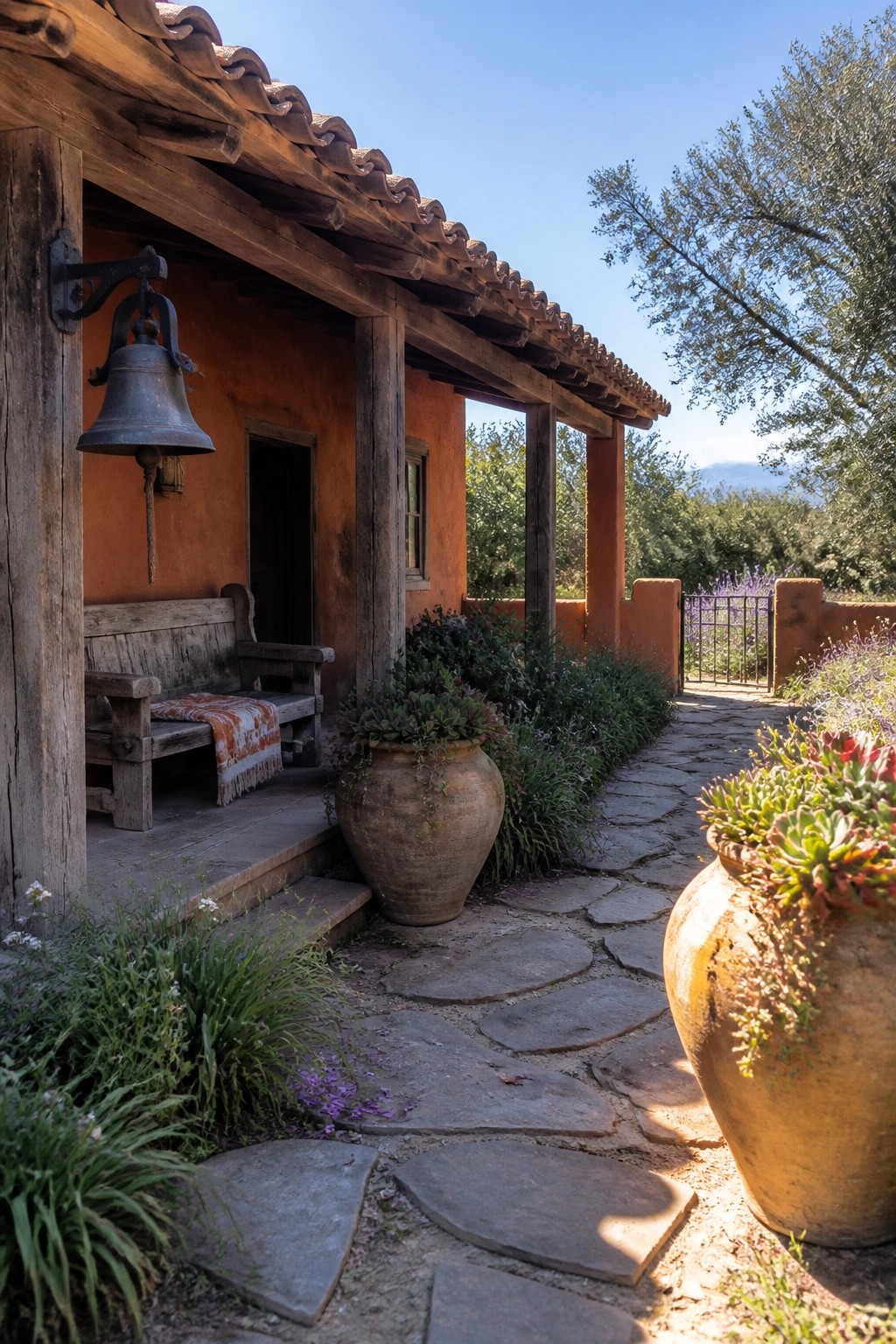 Rustic orange adobe house with bell, wooden bench, clay pots, and stone path