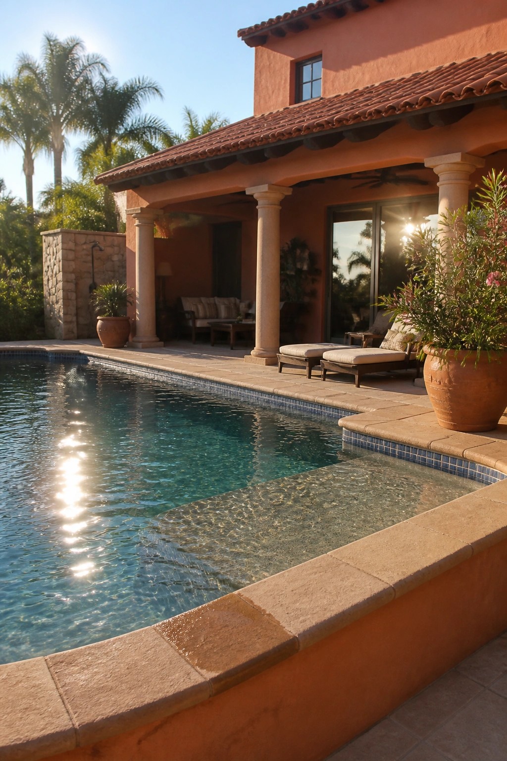 A swimming pool beside a covered patio with lounge chairs, attached to an orange stucco house with a terracotta tile roof.