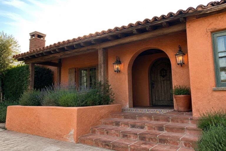 A front view of an orange stucco house with a terracotta tile roof, wooden beams over the entry, an arched wooden door, brick steps, and a potted plant beside the door.