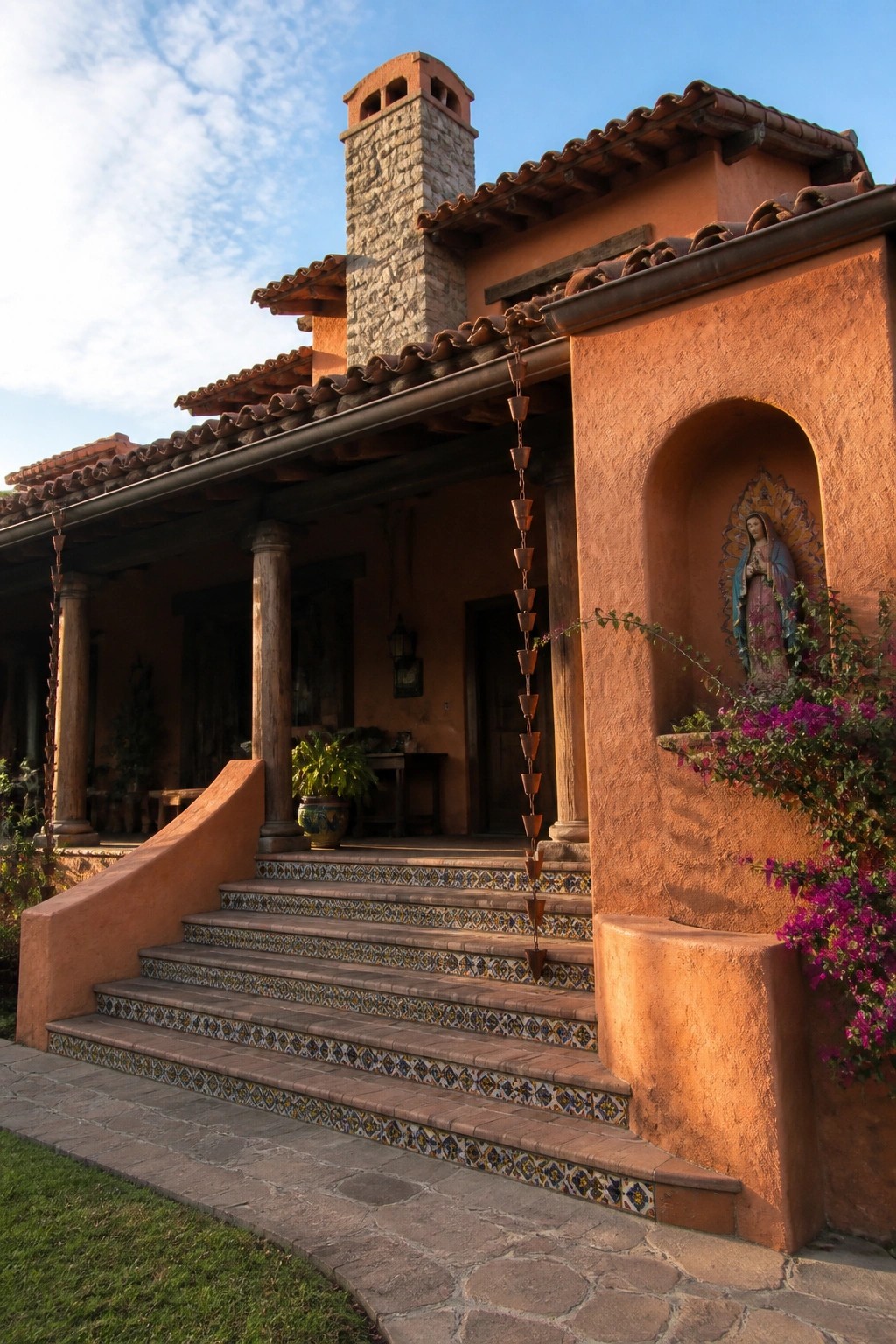 Orange stucco house with tiled steps, stone chimney, rain chain, and Virgin statue in niche with flowers.