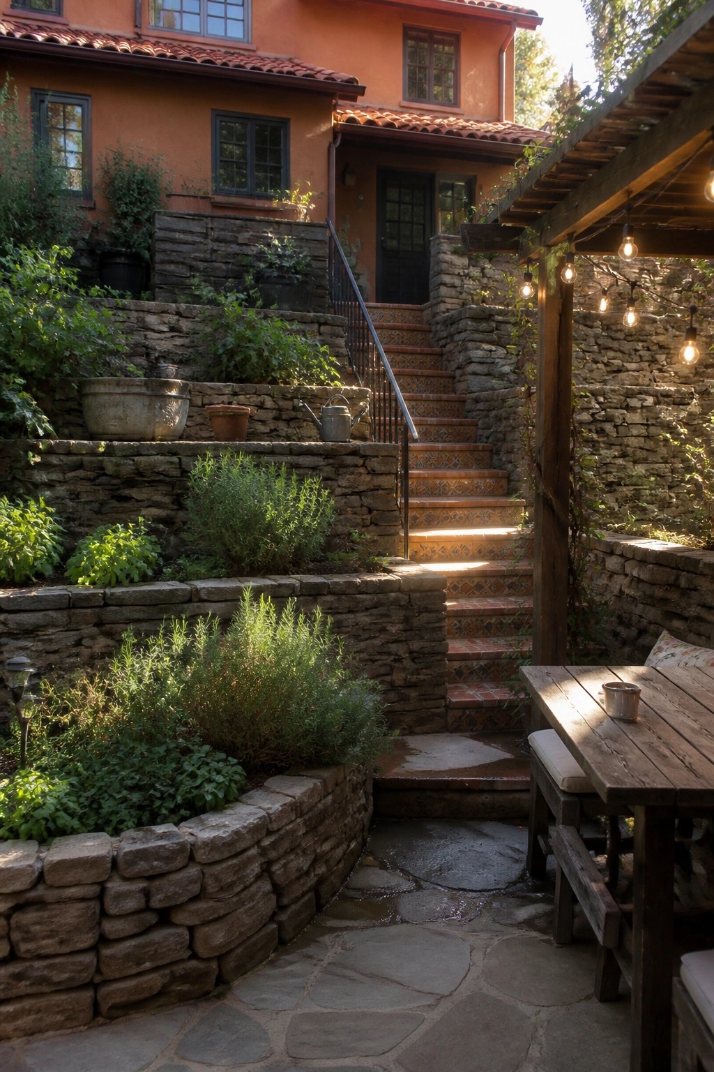 An orange stucco house with a terracotta tile roof, stone retaining walls, tiled stairs, and a wooden patio table in the foreground.