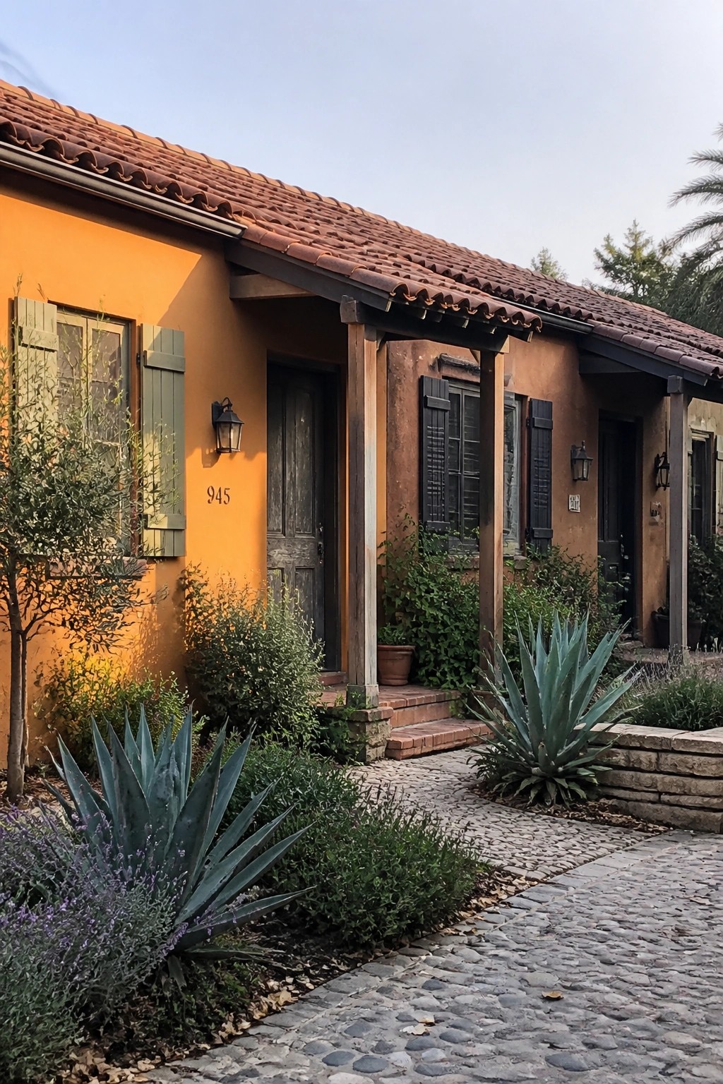A single-story orange stucco house with a terracotta tile roof, wooden entry door, green shutters, and cobblestone walkway in front.
