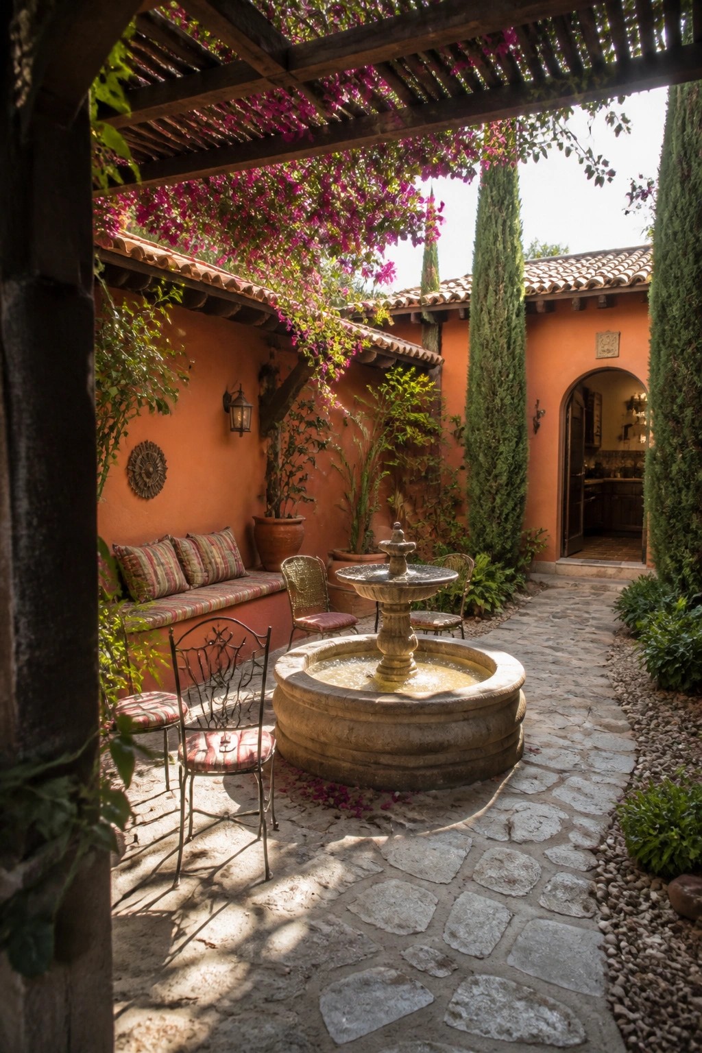 Sunlit courtyard with stone fountain, orange walls, purple bougainvillea, and patio seating