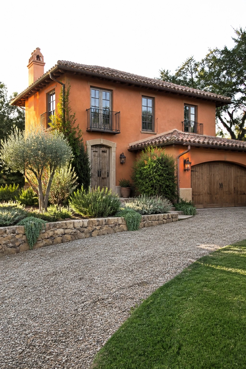 A two-story orange stucco house with a terracotta tile roof, a wooden front door, wooden garage doors, and a gravel driveway bordered by low stone walls and shrubs.