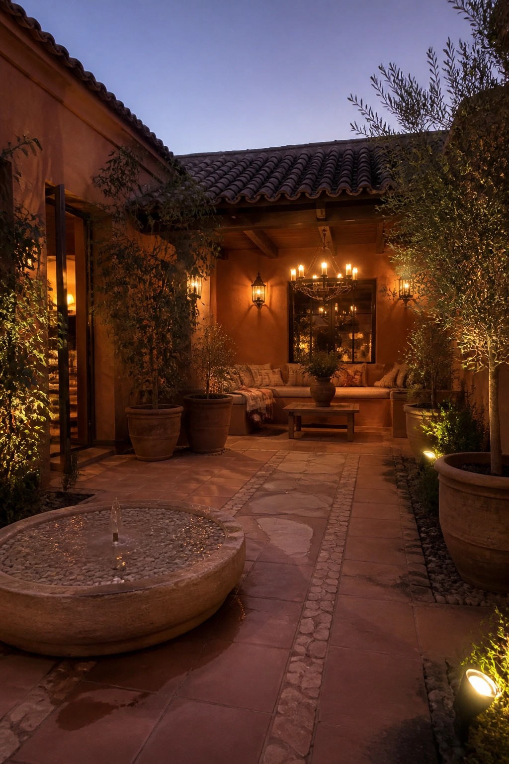 A courtyard at dusk with orange stucco walls, a terracotta tile roof, a stone fountain, built-in seating, and multiple large terracotta pots holding trees and plants.
