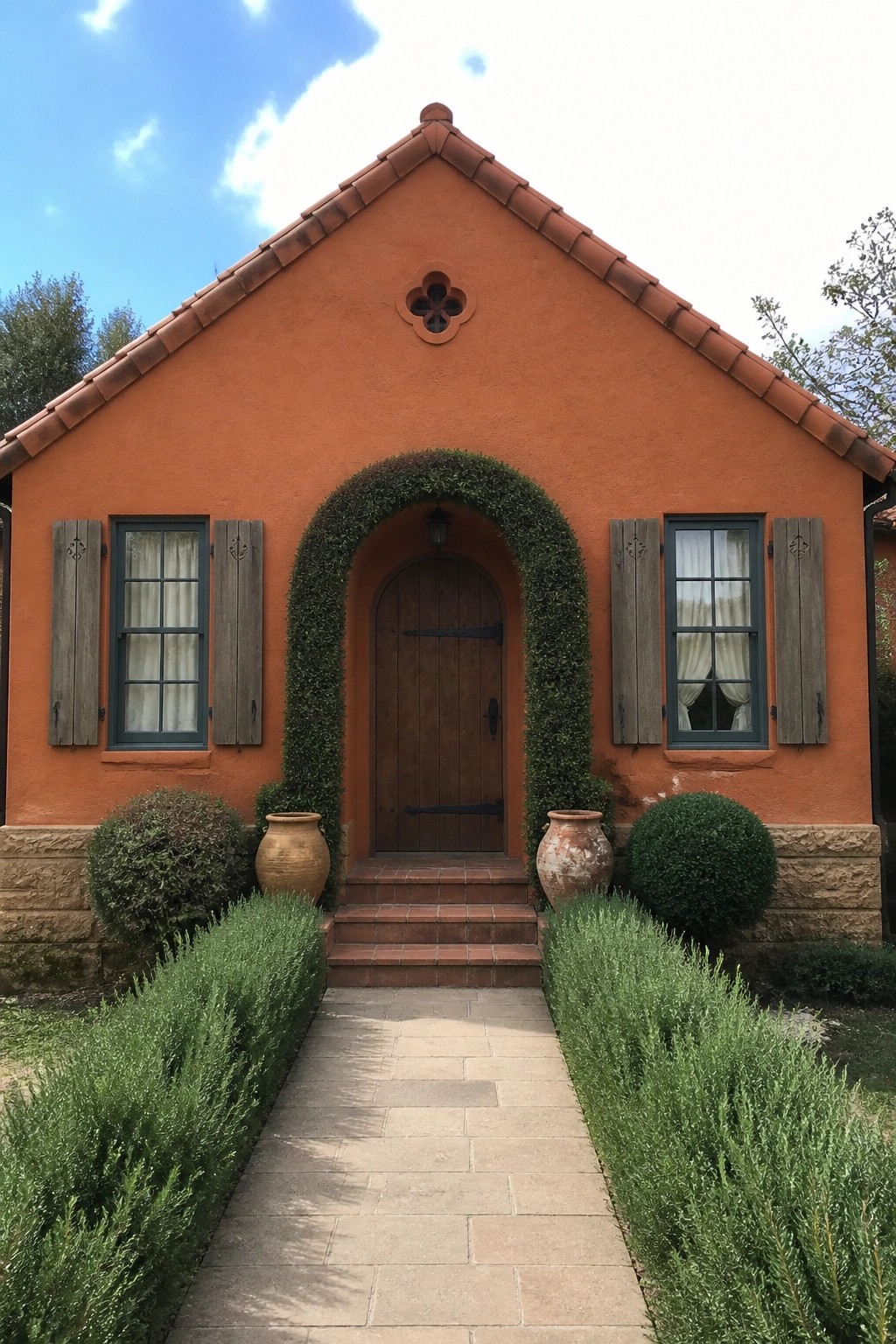 Front view of an orange stucco house with a terracotta tile roof, centered arched entry with wooden door, and windows with wooden shutters on either side.