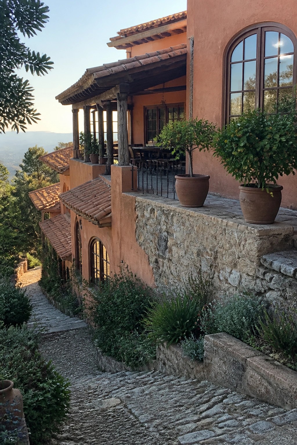 Orange stucco house with terracotta tile roofs, stone retaining walls, potted plants on a patio, and a cobblestone path on a hillside.