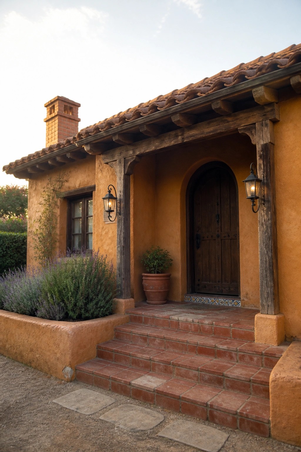 A front view of an orange stucco house with a terracotta tile roof, wooden beams over the entry, an arched wooden door, brick steps, and a potted plant beside the door.