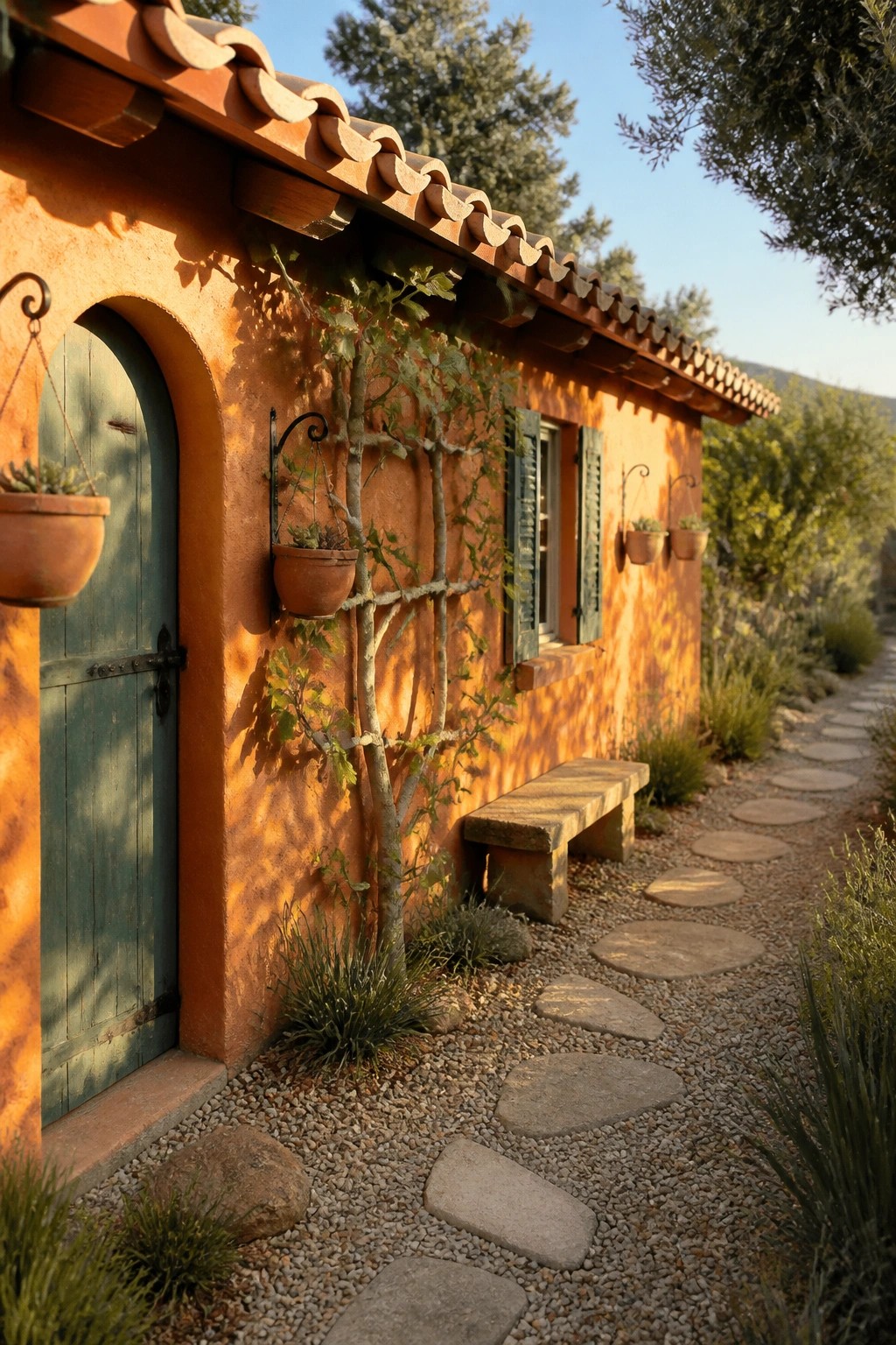 An orange stucco house exterior with a terracotta tile roof, arched green door, hanging terracotta pots, and a gravel path with stone stepping stones.