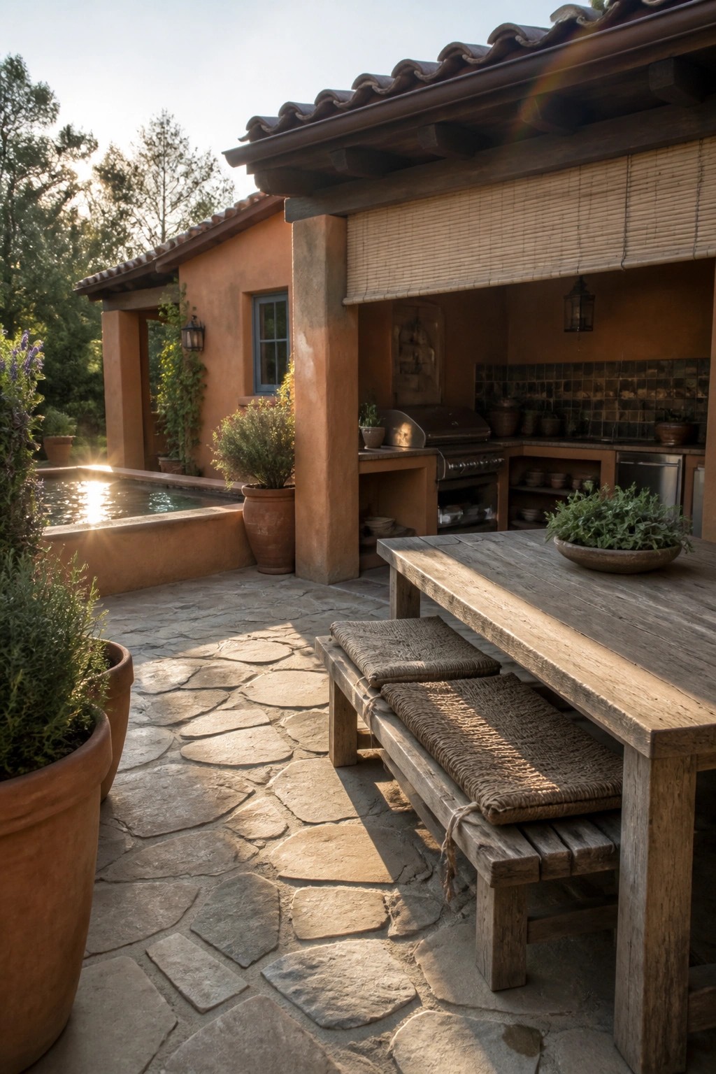 A stone-paved patio features a long wooden table with two woven benches, set beside an orange stucco house with a terracotta tile roof and an outdoor kitchen.