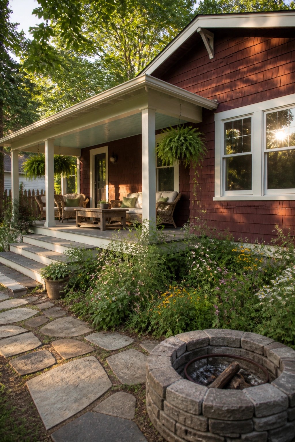 A burgundy house with white trim shows a covered porch with wicker seating and a stone fire pit set in a garden with a stone path.