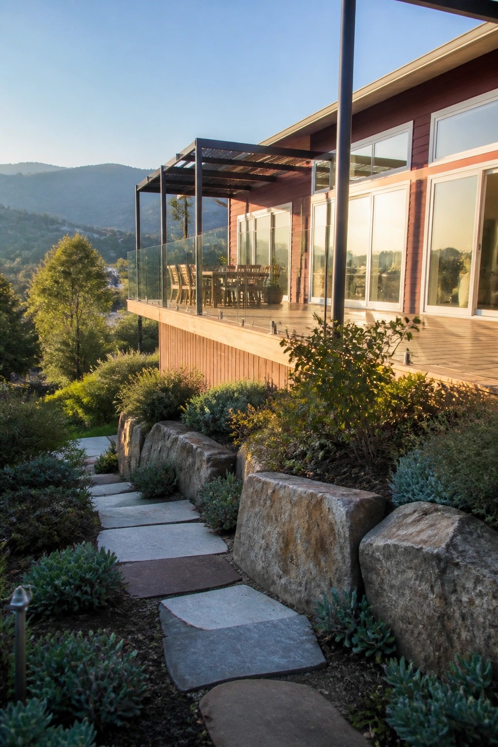 Modern red house with wooden deck, pergola, and stone path through hillside garden