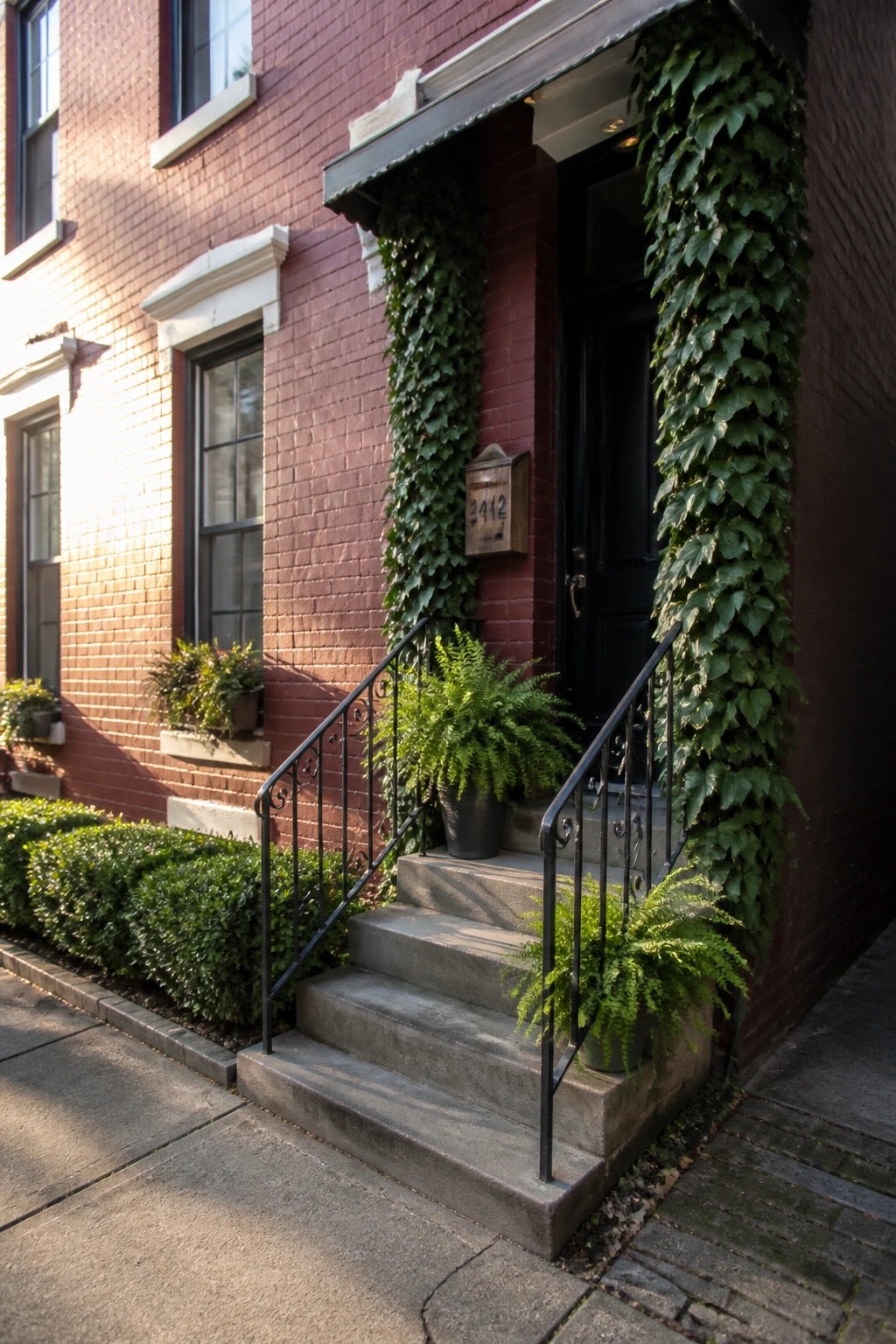 A red brick house with white window trim, a black front door, concrete steps, black railings, and ivy climbing the wall beside the entrance.