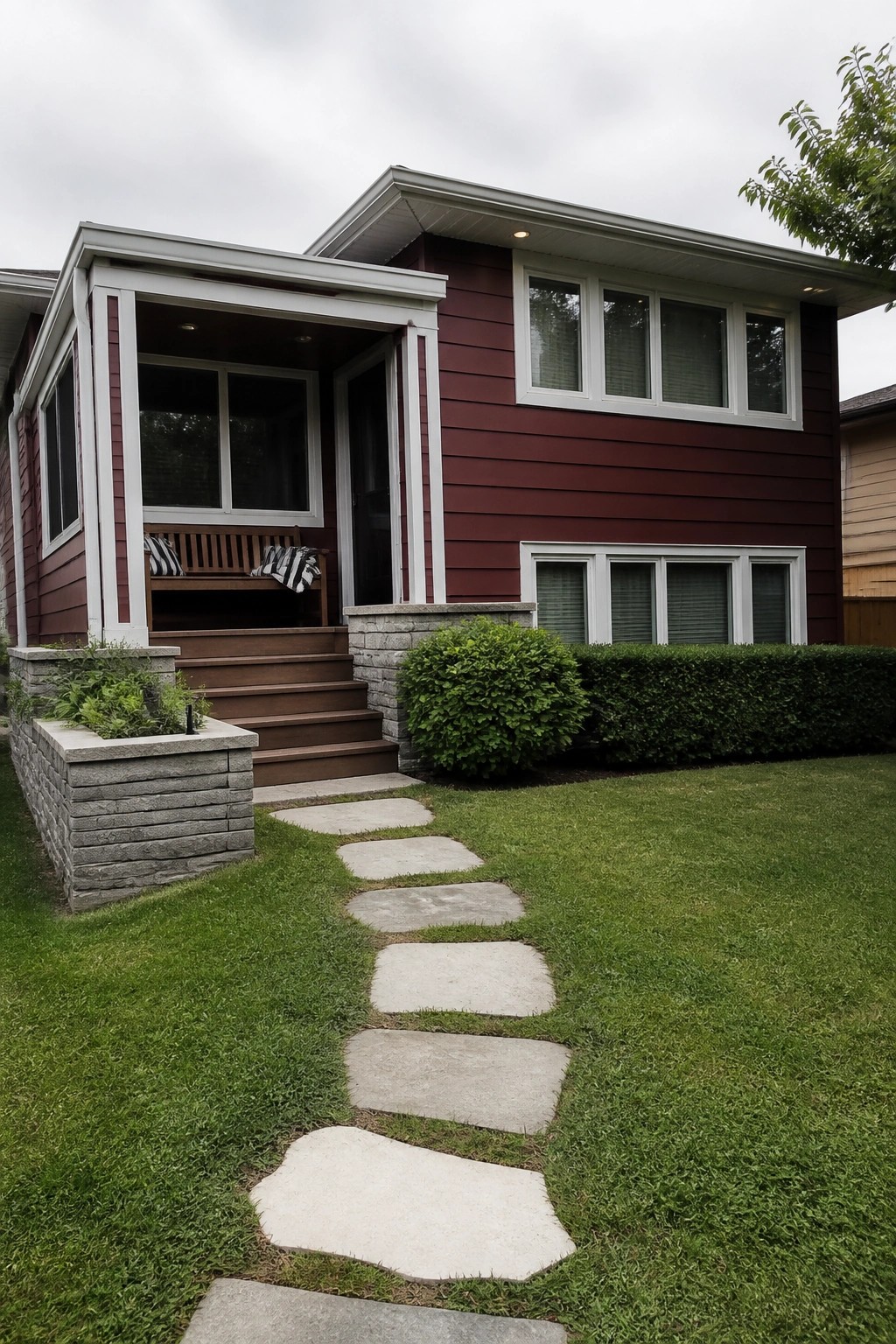 Front view of a two-story burgundy house with white trim on windows and porch, wooden steps, and a stone path across the lawn.