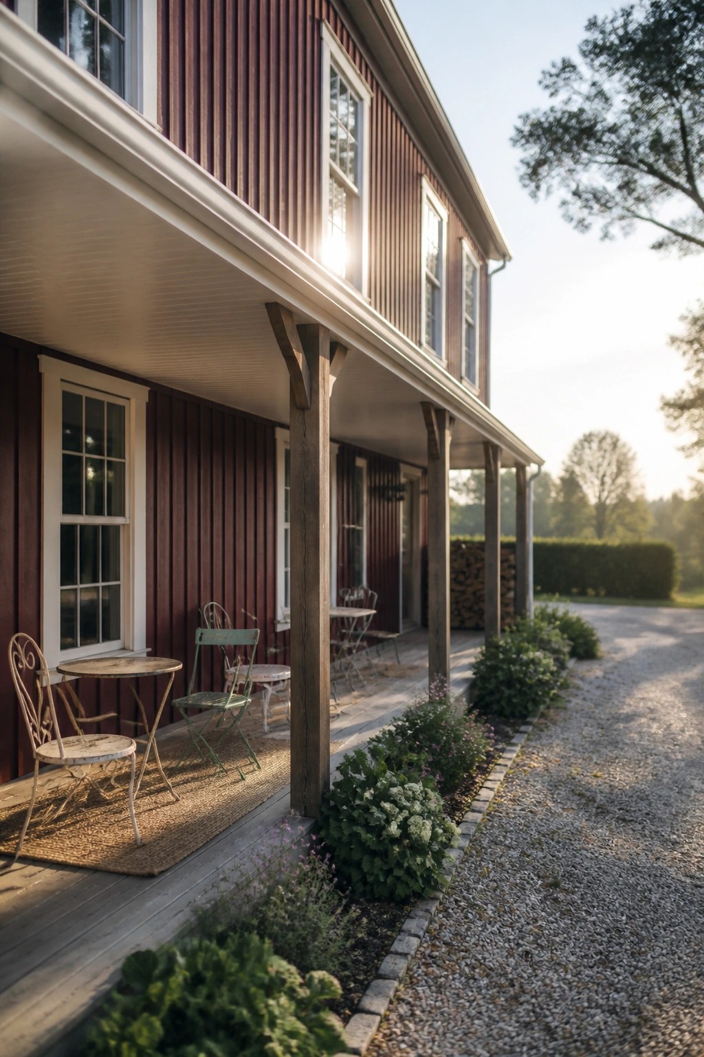 A two-story burgundy house with white window trim, a covered wooden porch, and outdoor seating along a gravel driveway.