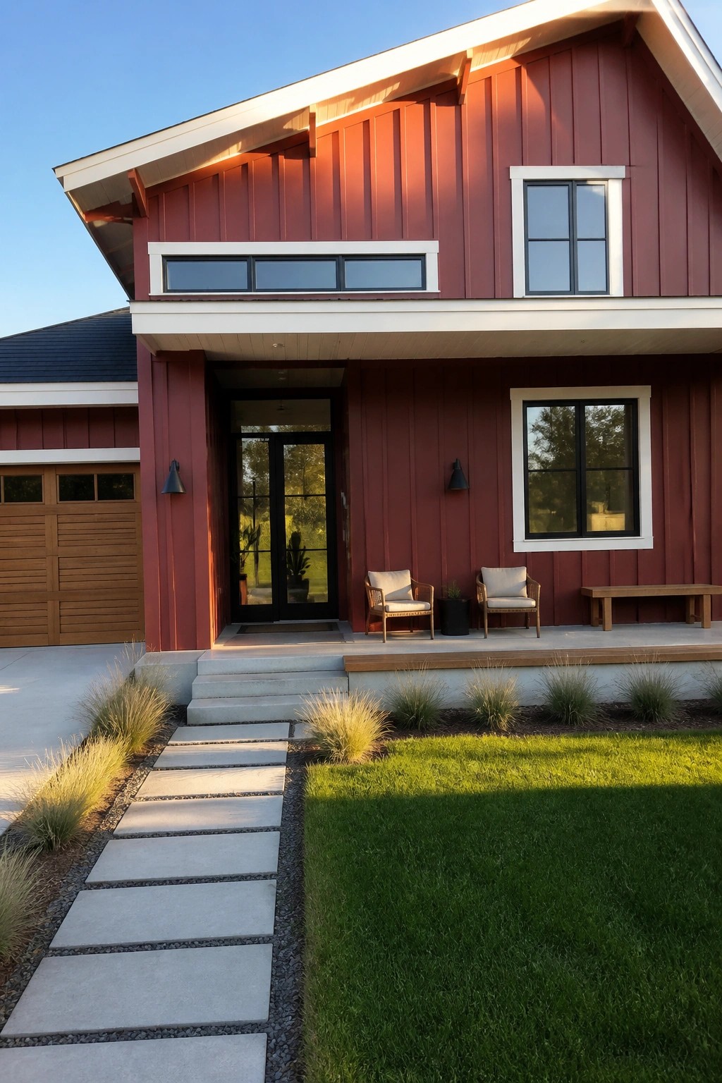 Modern red house with porch chairs, stone path, and green lawn.
