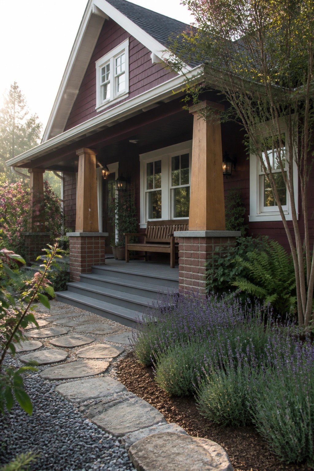 Burgundy house with wooden porch, bench, gray steps, stone path, and lavender.