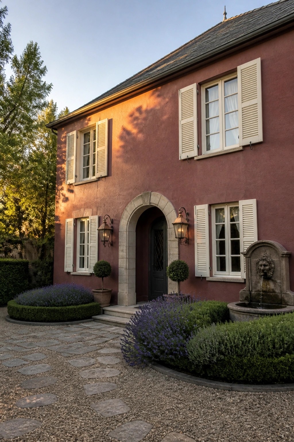 A two-story burgundy house with white shutters, an arched stone entry, and a gravel courtyard with lavender plantings and a stone fountain.