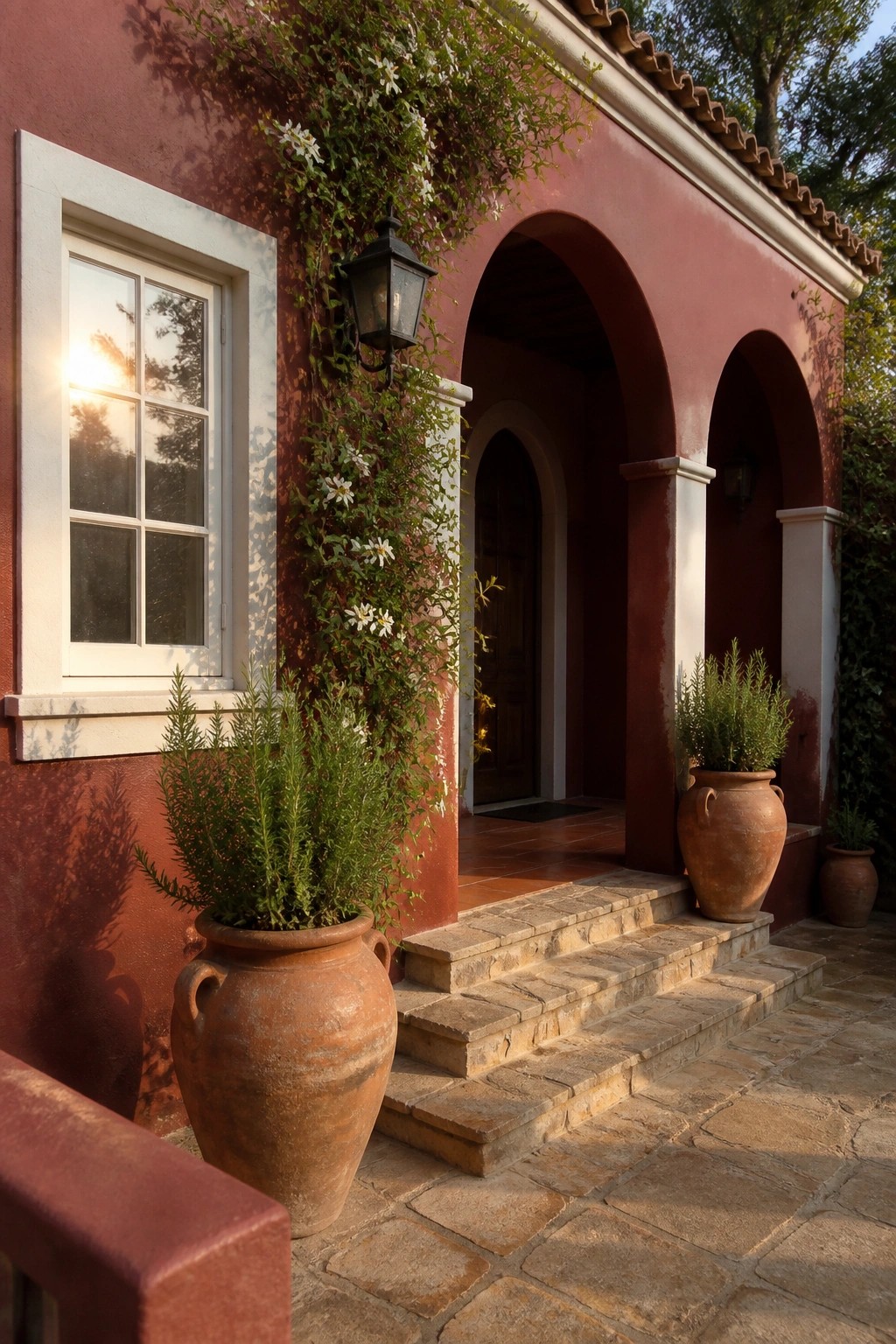 Red stucco entrance with arches, stone steps, terracotta pots, and climbing white flowers.