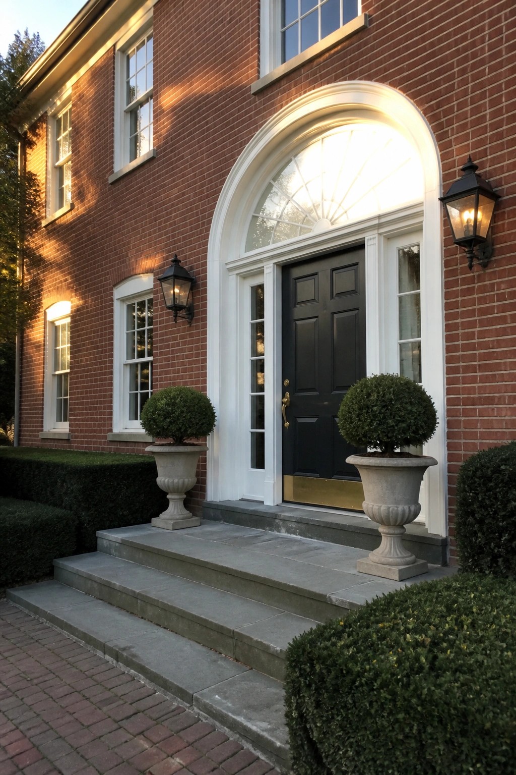 A red brick house with a black door centered under a white arched doorway, white-trimmed windows, and two stone planters on the steps.