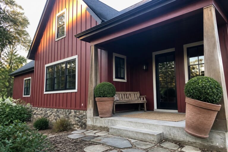 A maroon house with vertical board-and-batten siding, a covered porch with a wooden bench, large terracotta planters, stone foundation, and concrete steps.