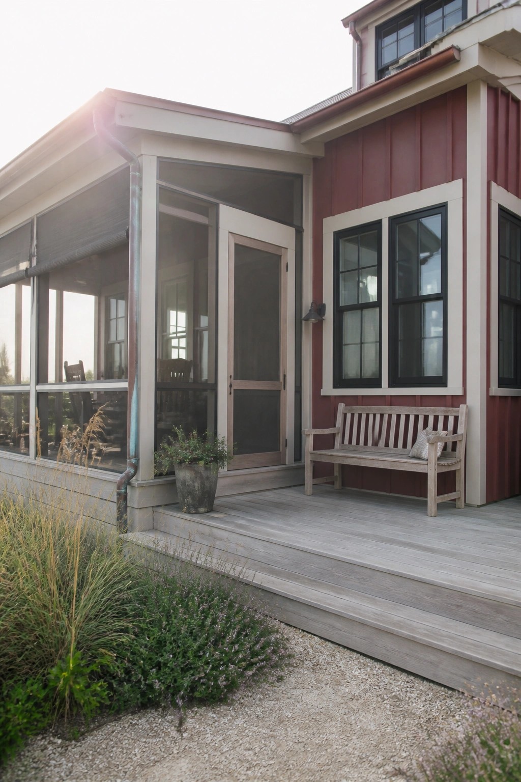 A house exterior showing maroon vertical board and batten siding beside a wooden deck with a bench and a screened porch on the left.