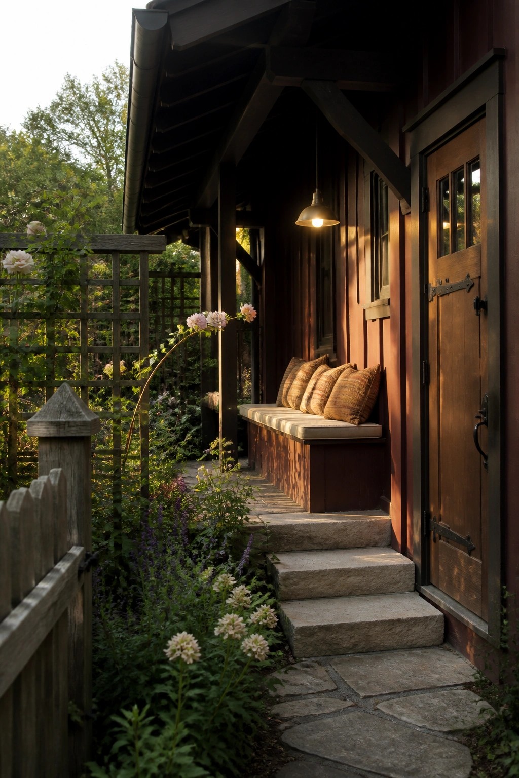 A house exterior features maroon vertical board-and-batten siding beside a wooden door, with stone steps and a cushioned bench on the porch.