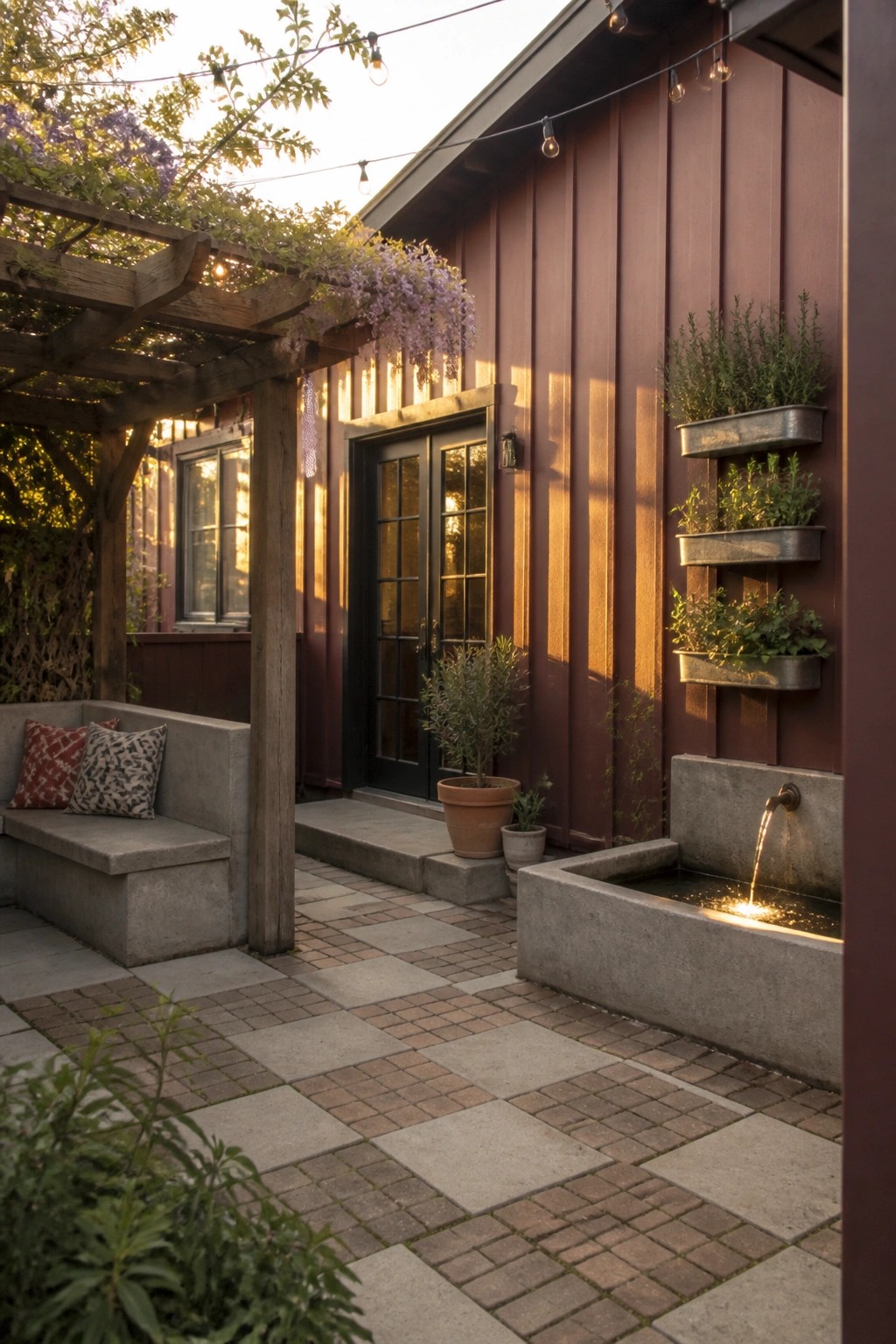 A house wall with vertical maroon board-and-batten siding beside a concrete bench, black door, and water feature on a brick patio.