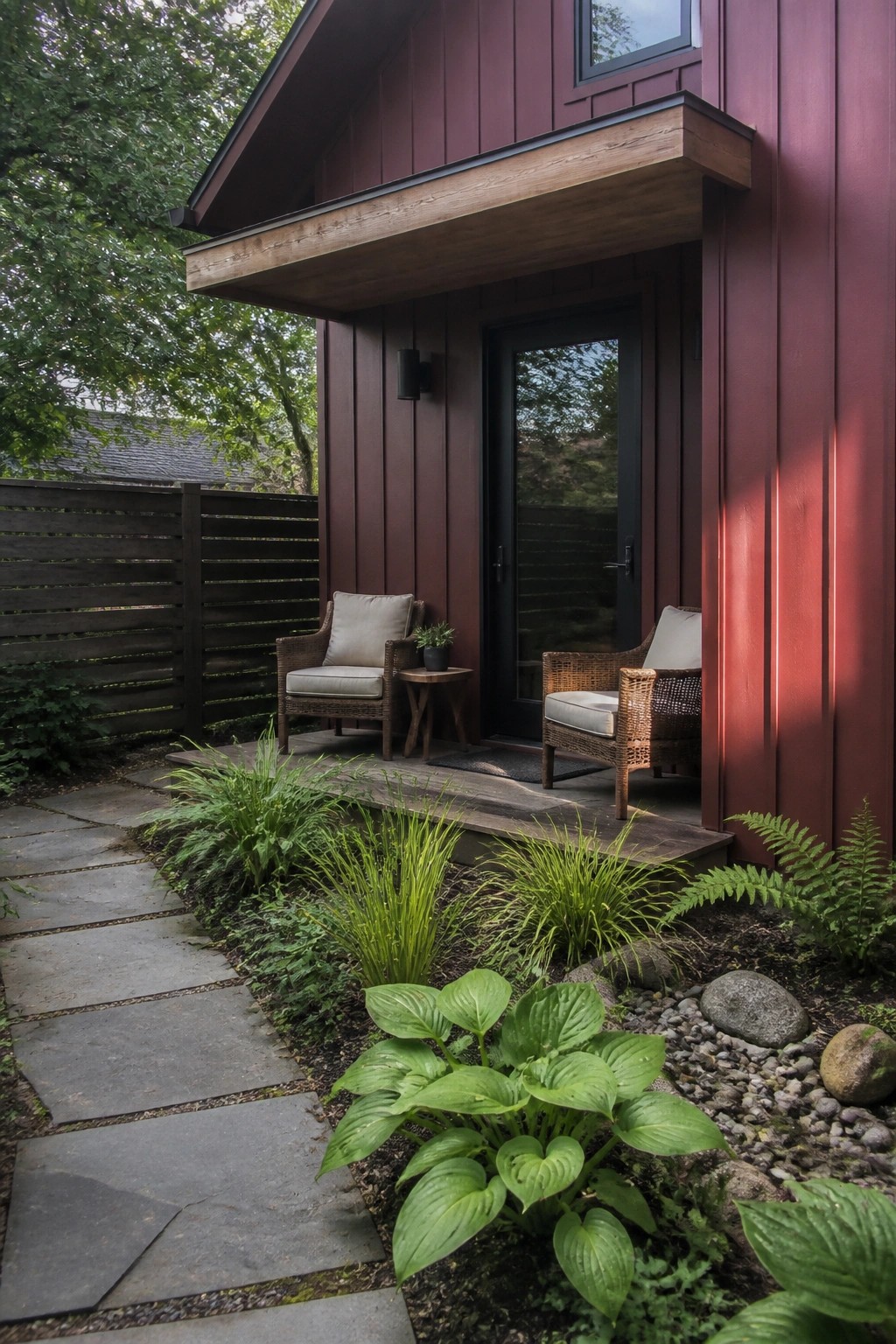 A house exterior with vertical maroon siding, a wooden overhang above a black door, two wicker chairs on a small porch, and a stone path with plants in front.