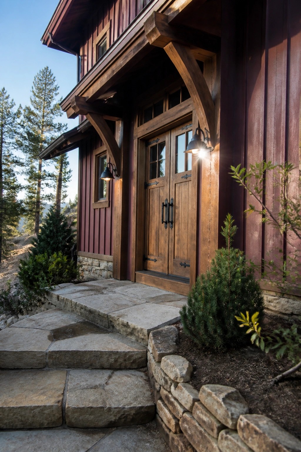 Rustic wooden cabin entrance with double doors, stone steps, and glowing lights.