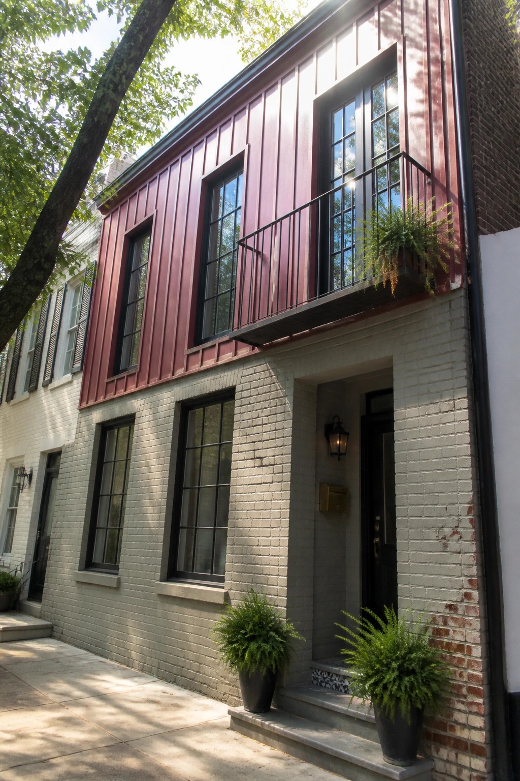 A two-story house exterior with maroon vertical board-and-batten siding on the upper level above a white brick lower level, black-framed windows, and a small metal balcony.