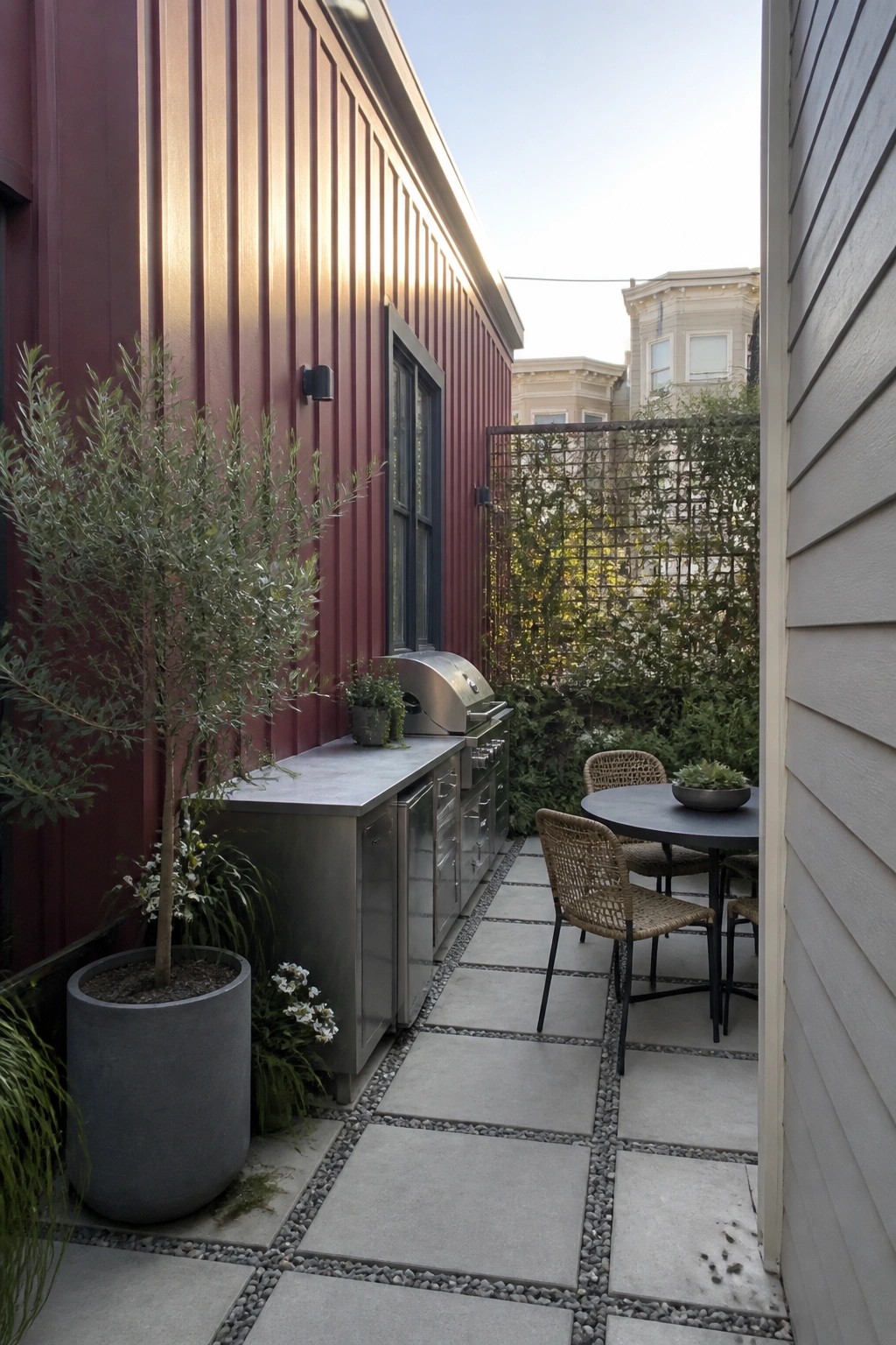 A narrow stone paver patio with a stainless steel outdoor kitchen set against maroon vertical board and batten siding and a round dining table with woven chairs.