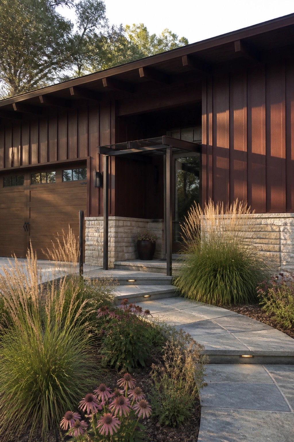 Modern house exterior with vertical maroon board and batten siding, stone base, garage door on the left, and a metal canopy over the front steps.