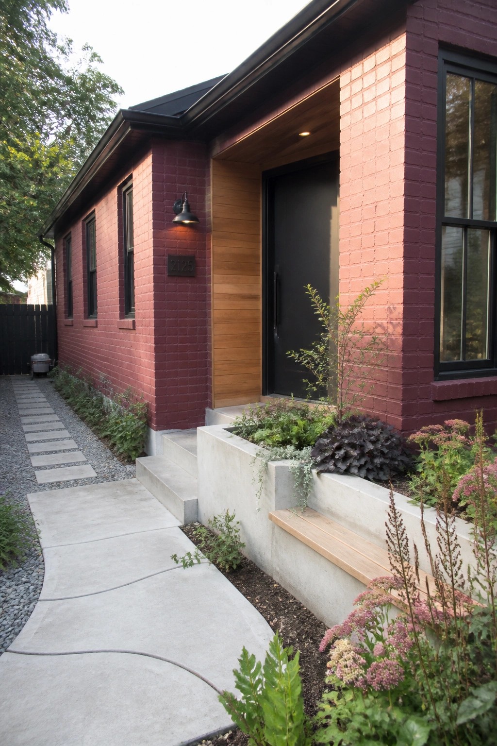 Front view of a burgundy brick house with matte black windows, a black door set in a wood surround, concrete steps, and a concrete planter with plants.