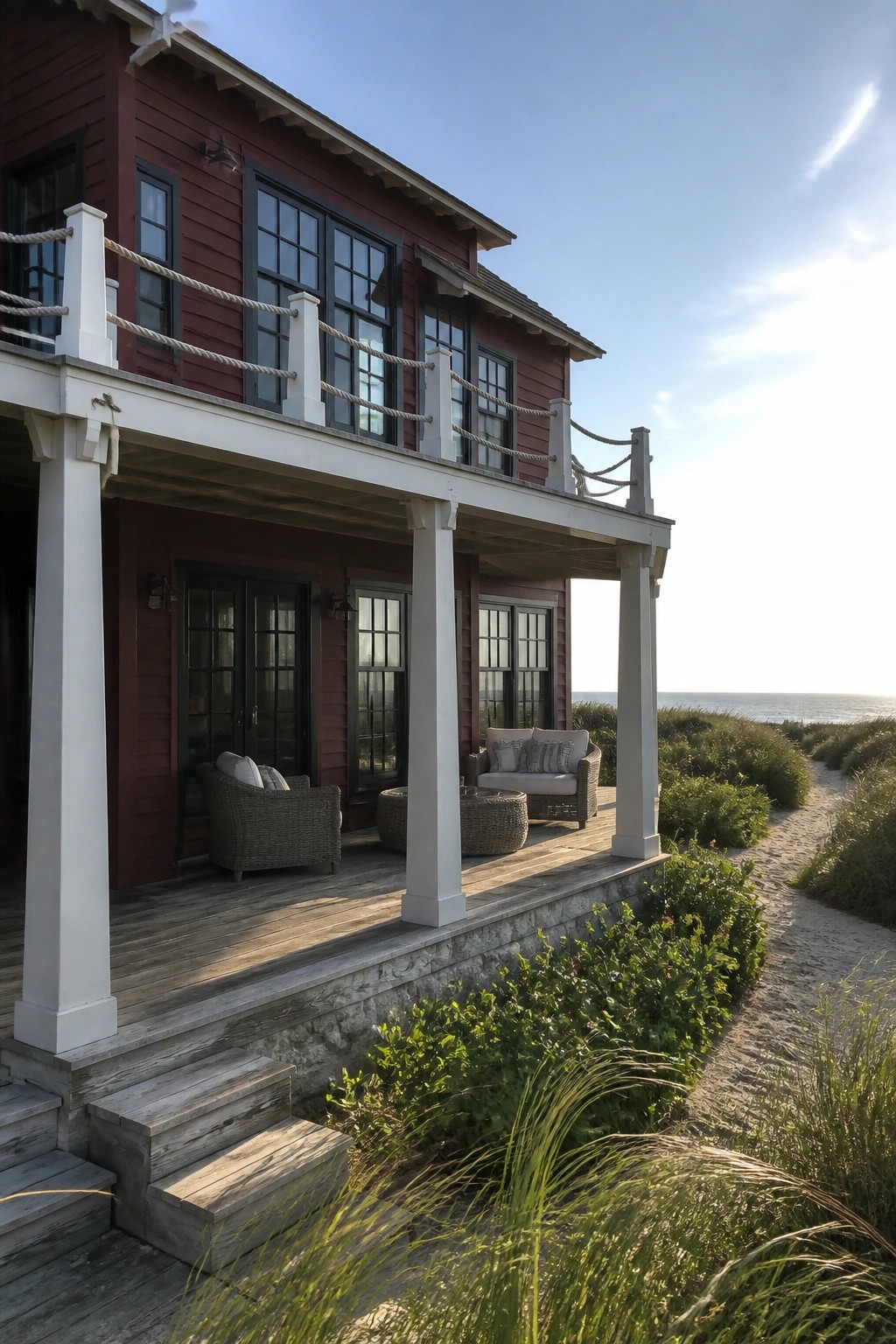 Red two-story house with white porch overlooking ocean dunes and sandy path