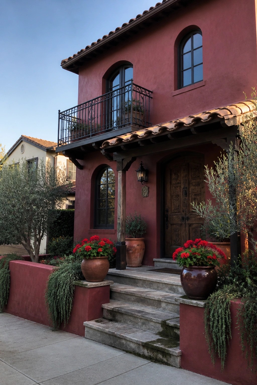 A two-story house with deep red stucco walls, black-framed arched windows, a black iron balcony, a carved wooden door, and terracotta planters flanking stone steps.