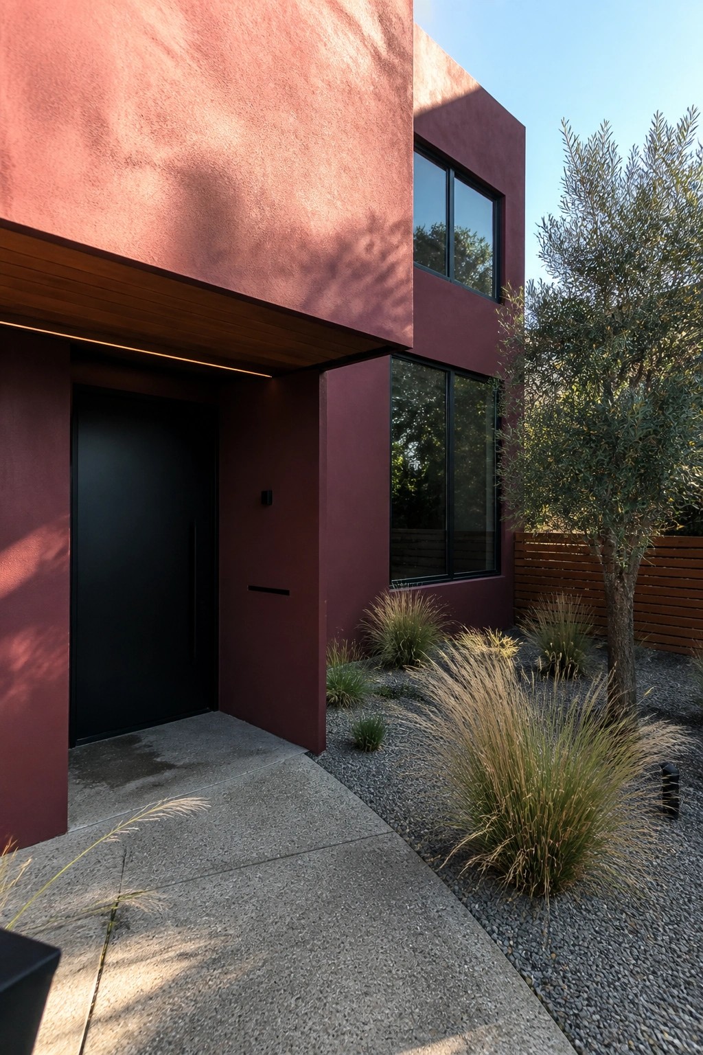Modern red stucco house entrance with black door, windows, and gravel garden