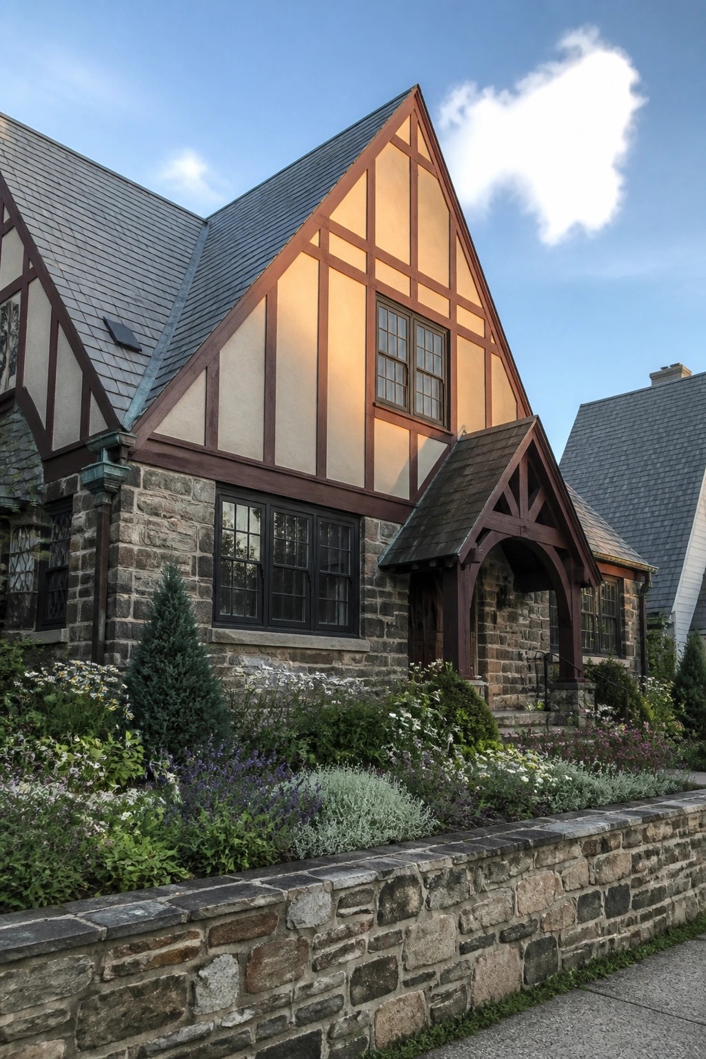 Tudor-style stone house with timber framing, arched entry, and blooming flower garden.