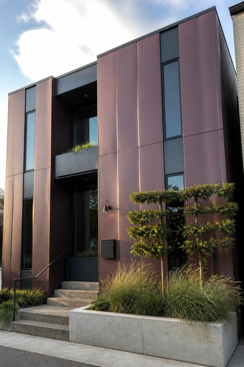 A modern multi-story house clad in vertical burgundy metal panels with matte black window frames, concrete entry steps, and a small front garden.