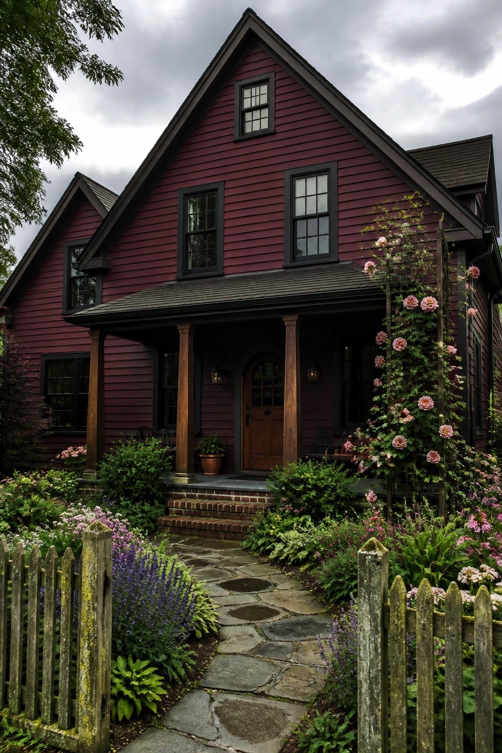Red house with porch, stone path, wooden fence, and blooming garden
