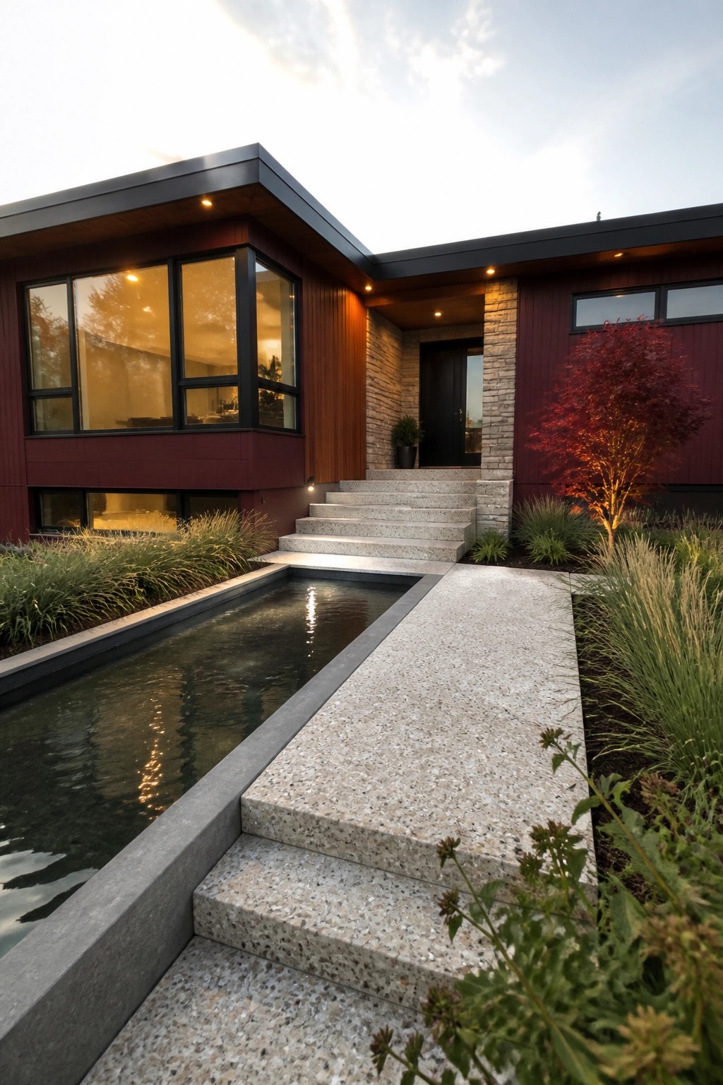 A modern burgundy house exterior with matte black window frames, stone accents around the entry, concrete stairs and path, and a narrow water feature along the front.