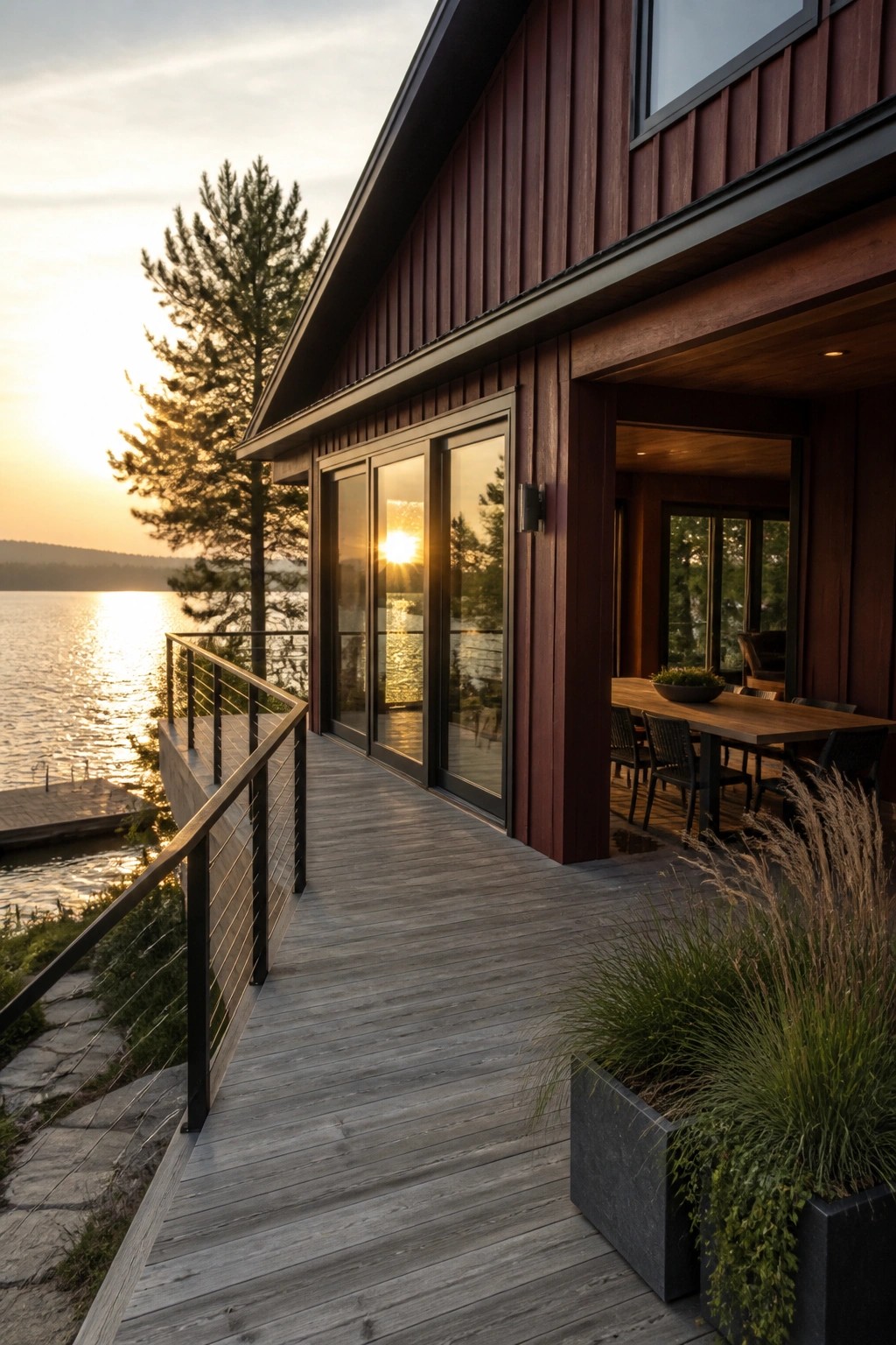 Modern red wooden home with deck overlooking golden sunset on lake