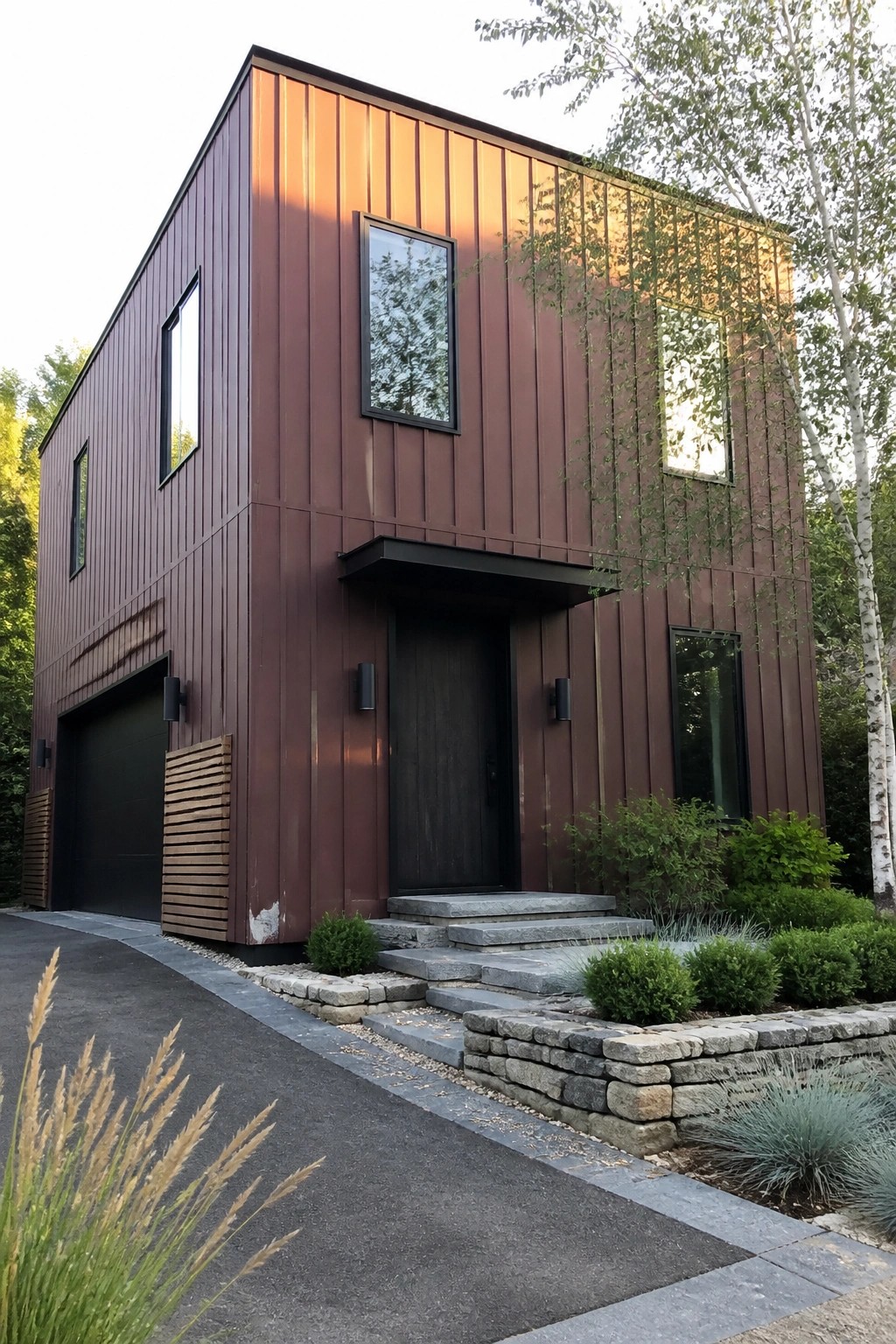 A modern two-story house with vertical burgundy metal siding, matte black windows and door, and a dark garage door on the left.